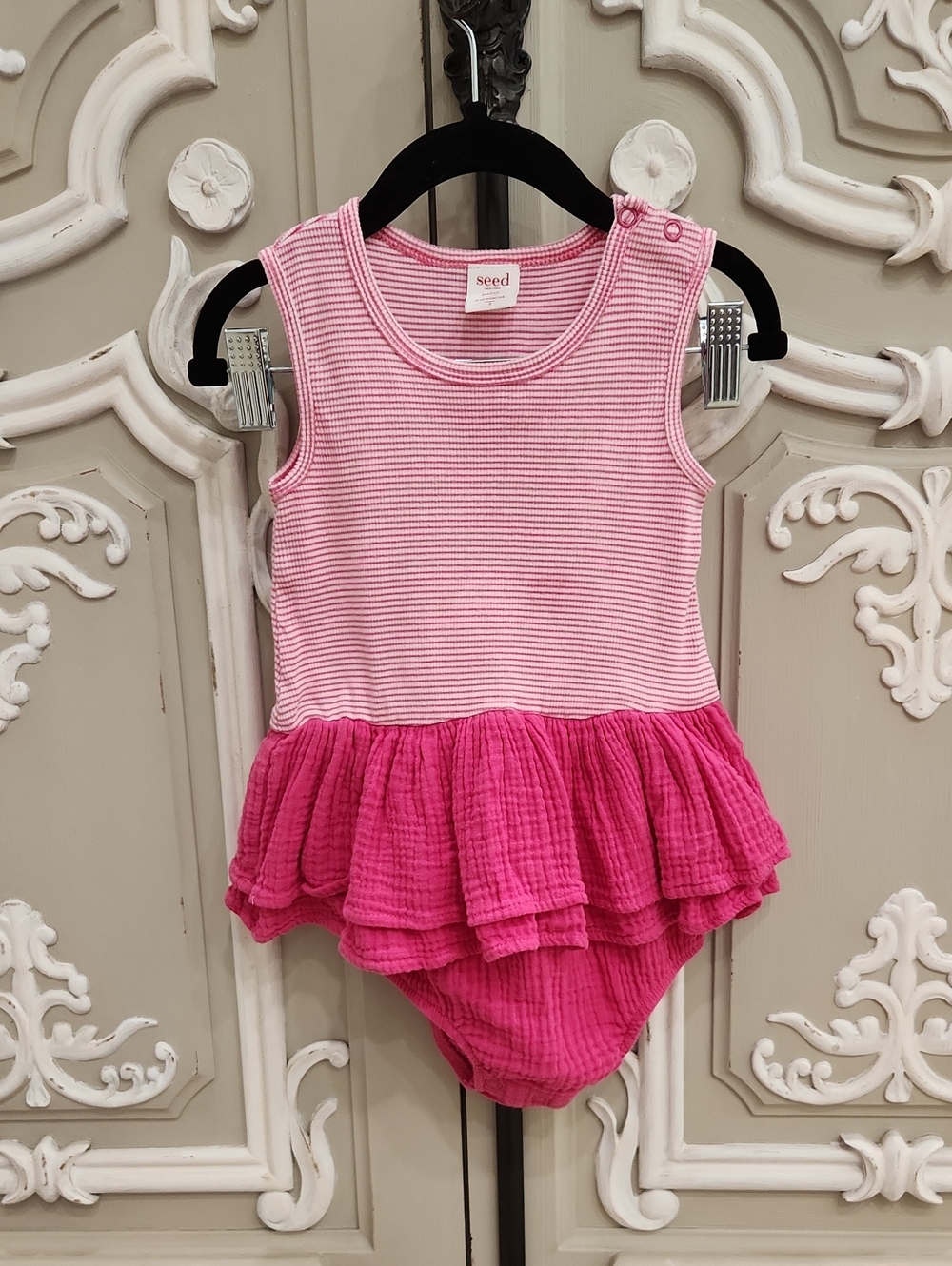Seed Heritage Baby Girl Pink Striped Ruffle Bodysuit Size 18 - 24 Months